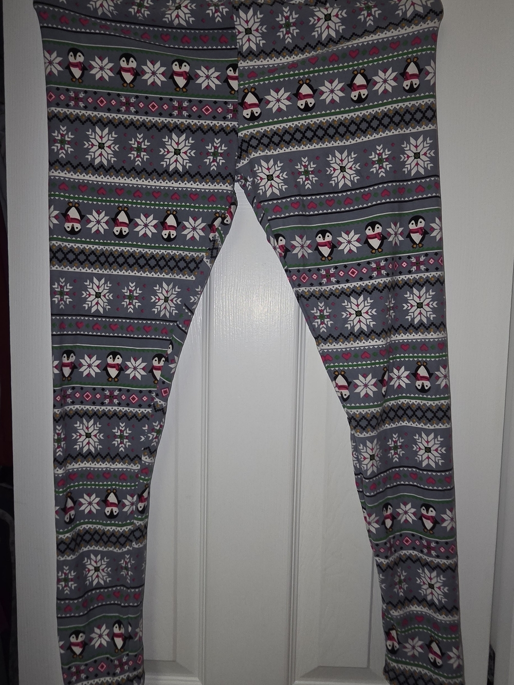 No Boundaries Grey Penguin Fair Isle Leggings with Pink & Green Accents